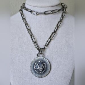 Vintage Sarah Coventry Virgo Zodiac Pendant Necklace Pewter Color Chunky Chain